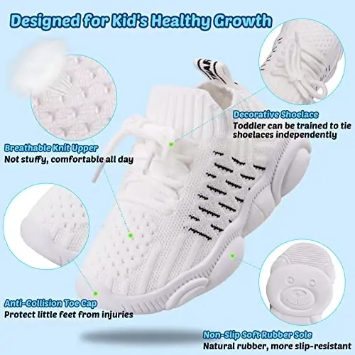 Toddler Baby Girls Boys Tennis White Walking Barefoot Slip on Shoes 18-24 Months Size 5 Wide Toe Box Summer Soft Sole Flexible Dinosaur Cheer Shoes Breathable Outdoor Soccer Rubber Sneakers - 3