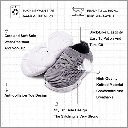Toddler Baby Girls Boys Tennis White Walking Barefoot Slip on Shoes 18-24 Months Size 5 Wide Toe Box Summer Soft Sole Flexible Dinosaur Cheer Shoes Breathable Outdoor Soccer Rubber Sneakers - 2