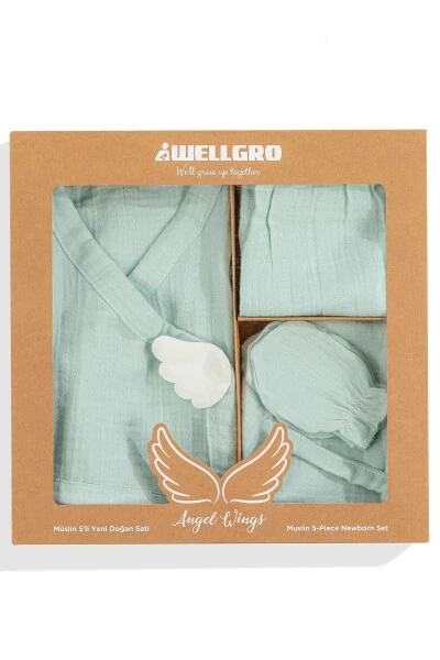 Angel Wings Müslin 5'li Yeni Doğan Hastane Çıkışı Seti-mint-Mint - WELLGRO