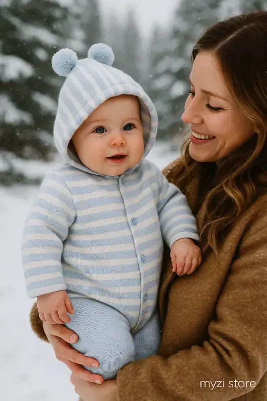 Triko Kapüşonlu Çift Katlı Kız - Erkek Bebek Hırka 12356-KREM MAVİ - 5