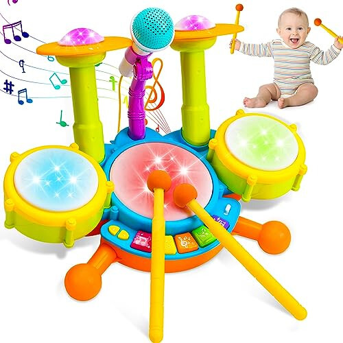 Kids Drum Set for Toddlers 1-3 Musical Baby Toys for 1 Year Old Boy Gifts Montessori Baby Girl Toys with Microphone Light Up Learning Toys Birthday Gifts for Infants 6 9 12 18 Months Toddler Age 1-2 - Kids