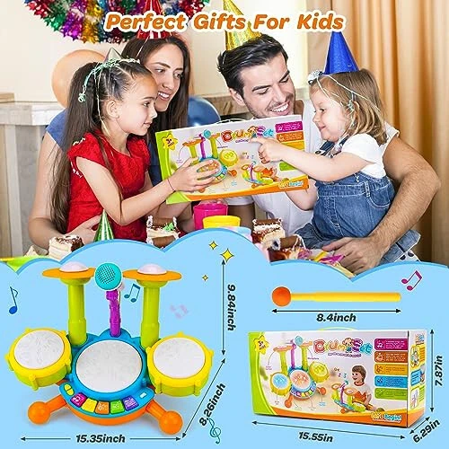 Kids Drum Set for Toddlers 1-3 Musical Baby Toys for 1 Year Old Boy Gifts Montessori Baby Girl Toys with Microphone Light Up Learning Toys Birthday Gifts for Infants 6 9 12 18 Months Toddler Age 1-2 - 5