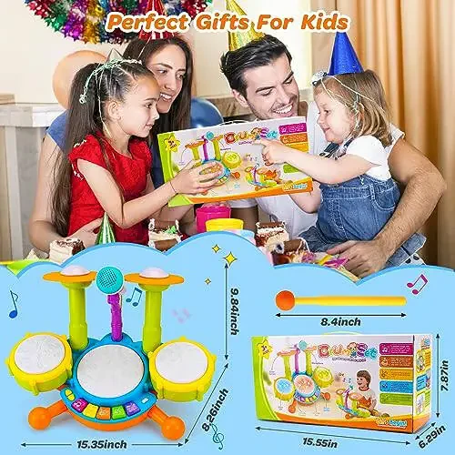 Kids Drum Set for Toddlers 1-3 Musical Baby Toys for 1 Year Old Boy Gifts Montessori Baby Girl Toys with Microphone Light Up Learning Toys Birthday Gifts for Infants 6 9 12 18 Months Toddler Age 1-2 - 5