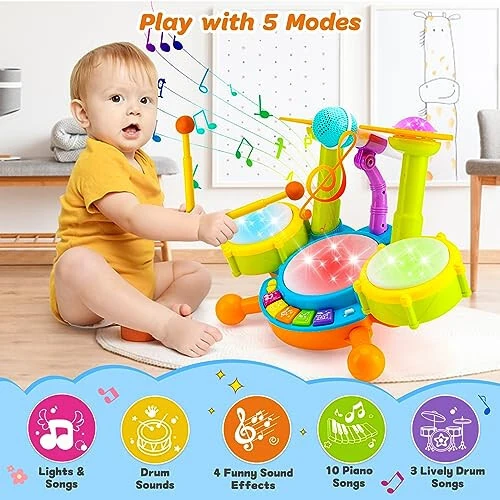 Kids Drum Set for Toddlers 1-3 Musical Baby Toys for 1 Year Old Boy Gifts Montessori Baby Girl Toys with Microphone Light Up Learning Toys Birthday Gifts for Infants 6 9 12 18 Months Toddler Age 1-2 - Kids (1)