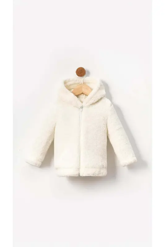 Fermuarlı Kapüşonlu Bebek Peluş Welsoft Kışlık Hırka-Beyaz - Beyaz - 1