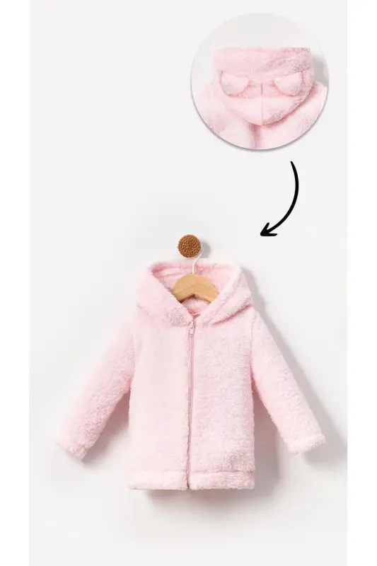 Fermuarlı Kapüşonlu Bebek Peluş Welsoft Kışlık Hırka-Pembe - Pembe - 2