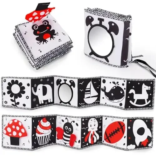 Black and White High Contrast Toys for Baby 0-3 3-6 months Infant Tummy Time Soft Book Sensory Musical Toy 0-2-4-6 month Babies Brain Development Montessori Crinkle Book Mirror Newborn Shower Gifts - BLACK (1)
