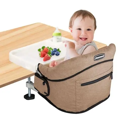 Jozzve Clip-On High Chair with Removable Dining Tray for Babies and Toddlers, Fold-Flat Storage Portable Baby Feeding Seat, Attach to Fast Table Chair for Home Travel (Brown) - 1