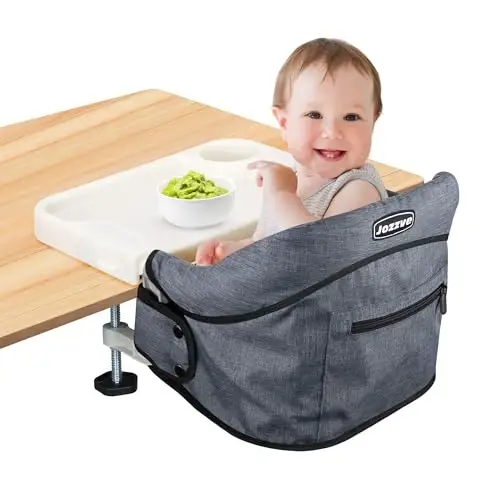 Hook On High Chair, Jozzve Clip on High Chair with Removable Dining Tray for Babies and Toddlers, Fold-Flat Storage Portable Baby Feeding Seat, Attach to Fast Table Chair for Home Travel (Grey) - 1
