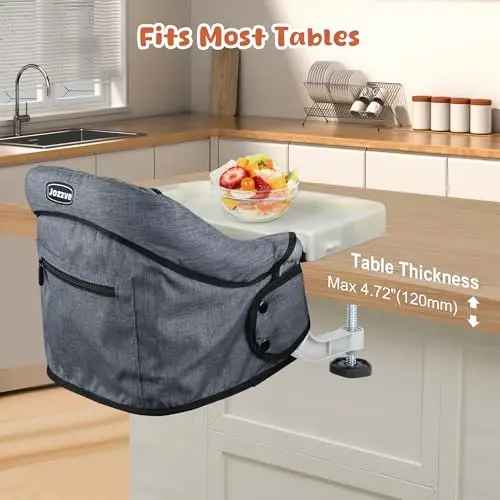 Hook On High Chair, Jozzve Clip on High Chair with Removable Dining Tray for Babies and Toddlers, Fold-Flat Storage Portable Baby Feeding Seat, Attach to Fast Table Chair for Home Travel (Grey) - 3