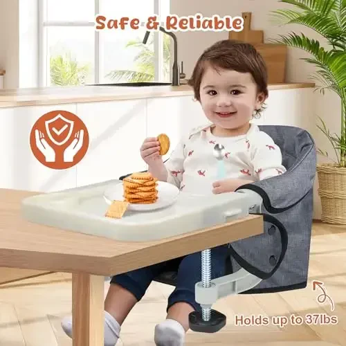 Hook On High Chair, Jozzve Clip on High Chair with Removable Dining Tray for Babies and Toddlers, Fold-Flat Storage Portable Baby Feeding Seat, Attach to Fast Table Chair for Home Travel (Grey) - 5