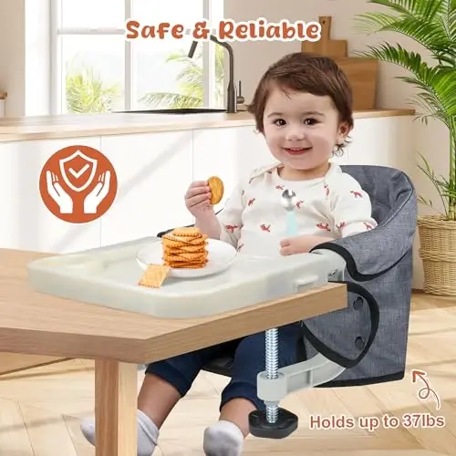 Hook On High Chair, Jozzve Clip on High Chair with Removable Dining Tray for Babies and Toddlers, Fold-Flat Storage Portable Baby Feeding Seat, Attach to Fast Table Chair for Home Travel (Grey) - 5
