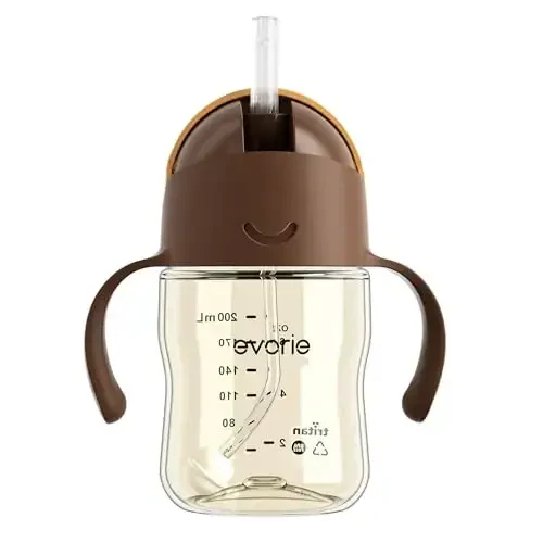 Evorie Tritan Weighted Straw Sippy Cup with Handles for Baby and Toddlers, Spill Proof Baby Water Bottle with Straw for 6 months and up, 7 Oz, Infant Training Water Bottle (Brown) 