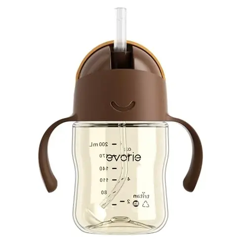 Evorie Tritan Weighted Straw Sippy Cup with Handles for Baby and Toddlers, Spill Proof Baby Water Bottle with Straw for 6 Months and up, 7 Oz, Infant Training Water Bottle (Brown) - EVORIE