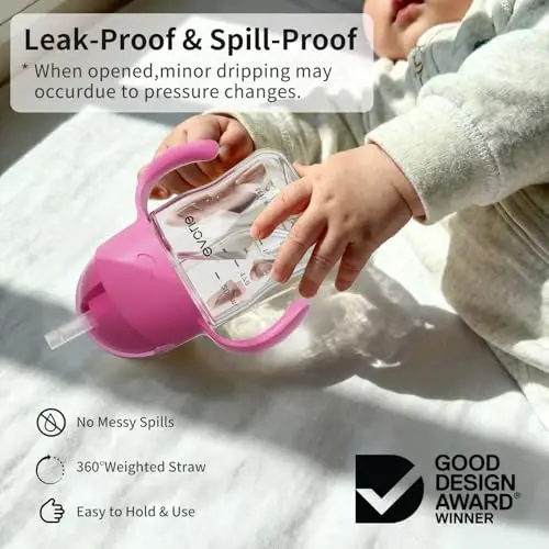 Evorie Tritan Weighted Straw Sippy Cup with Handles for Baby and Toddlers, Spill Proof Baby Water Bottle with Straw for 6 months and up, 7 Oz, Infant Training Water Bottle (Strawberry) - EVORIE (1)