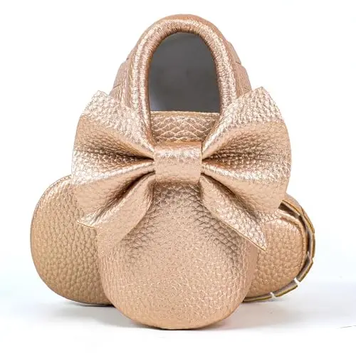 Bebila Double Bow Fringe Baby Moccasins - Soft Sole Baby Shoes Girls Toddler Crib Flats - 1