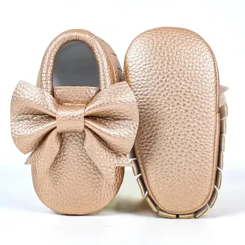 Bebila Double Bow Fringe Baby Moccasins - Soft Sole Baby Shoes Girls Toddler Crib Flats - 2