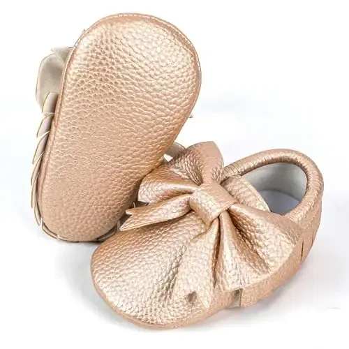 Bebila Double Bow Fringe Baby Moccasins - Soft Sole Baby Shoes Girls Toddler Crib Flats - 3
