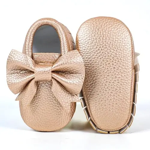 Bebila Double Bow Fringe Baby Moccasins - Soft Sole Baby Shoes Girls Toddler Crib Flats - 2
