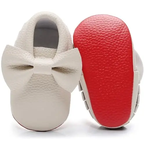 Bebila Double Bow Fringe Baby Moccasins - Soft Sole Baby Shoes Girls Toddler Crib Flats - 1