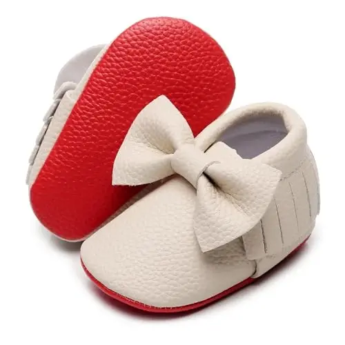 Bebila Double Bow Fringe Baby Moccasins - Soft Sole Baby Shoes Girls Toddler Crib Flats - 2