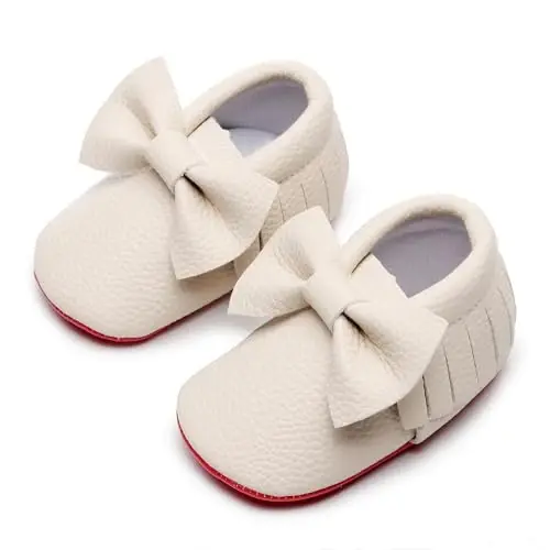 Bebila Double Bow Fringe Baby Moccasins - Soft Sole Baby Shoes Girls Toddler Crib Flats - 4