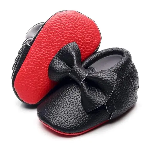 Bebila Double Bow Fringe Baby Moccasins - Soft Sole Baby Shoes Girls Toddler Crib Flats - 2