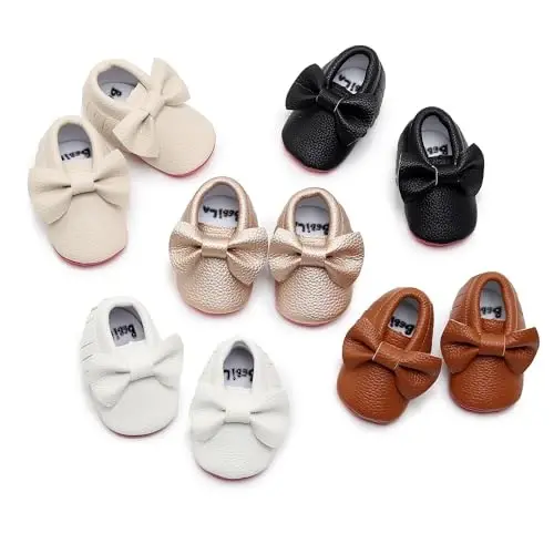 Bebila Double Bow Fringe Baby Moccasins - Soft Sole Baby Shoes Girls Toddler Crib Flats - 5