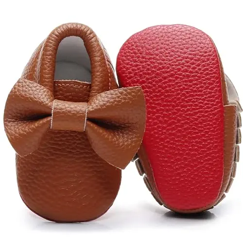 Bebila Double Bow Fringe Baby Moccasins - Soft Sole Baby Shoes Girls Toddler Crib Flats - 1