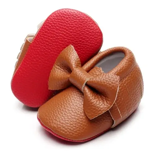 Bebila Double Bow Fringe Baby Moccasins - Soft Sole Baby Shoes Girls Toddler Crib Flats - 2