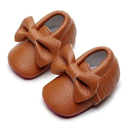Bebila Double Bow Fringe Baby Moccasins - Soft Sole Baby Shoes Girls Toddler Crib Flats - 4