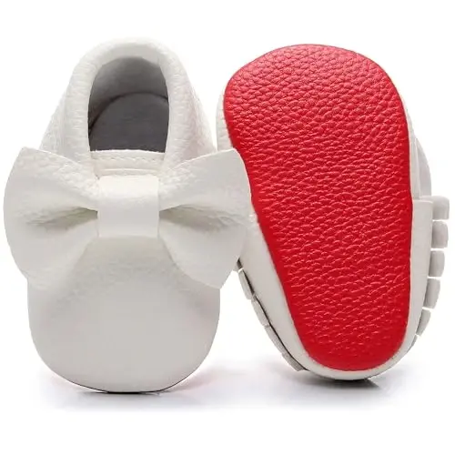 Bebila Double Bow Fringe Baby Moccasins - Soft Sole Baby Shoes Girls Toddler Crib Flats - 1