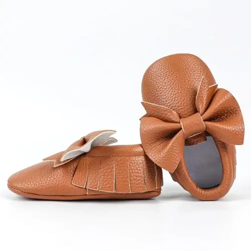 Bebila Double Bow Fringe Baby Moccasins - Soft Sole Baby Shoes Girls Toddler Crib Flats - 3
