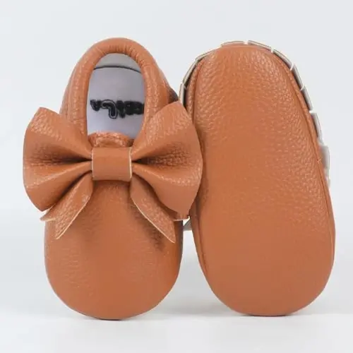 Bebila Double Bow Fringe Baby Moccasins - Soft Sole Baby Shoes Girls Toddler Crib Flats - 4