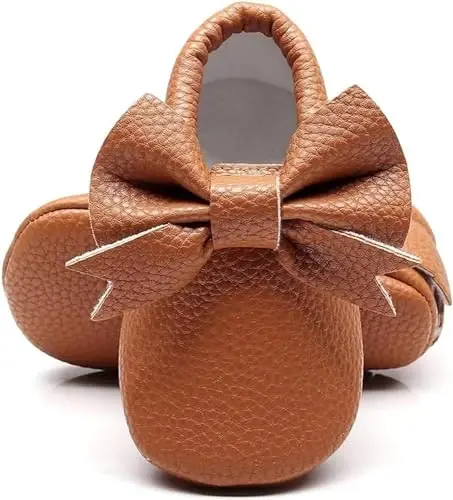 Bebila Double Bow Fringe Baby Moccasins - Soft Sole Baby Shoes Girls Toddler Crib Flats - 1