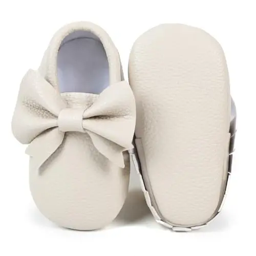Bebila Double Bow Fringe Baby Moccasins - Soft Sole Baby Shoes Girls Toddler Crib Flats - 4