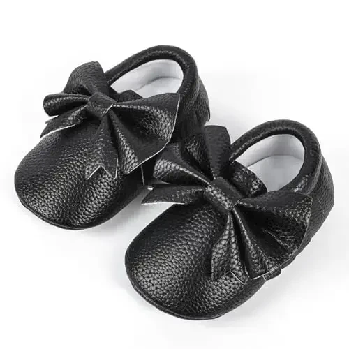 Bebila Double Bow Fringe Baby Moccasins - Soft Sole Baby Shoes Girls Toddler Crib Flats - 4