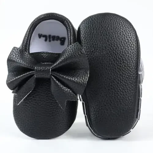 Bebila Double Bow Fringe Baby Moccasins - Soft Sole Baby Shoes Girls Toddler Crib Flats - 5
