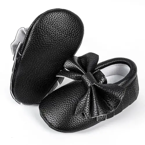 Bebila Double Bow Fringe Baby Moccasins - Soft Sole Baby Shoes Girls Toddler Crib Flats - 2
