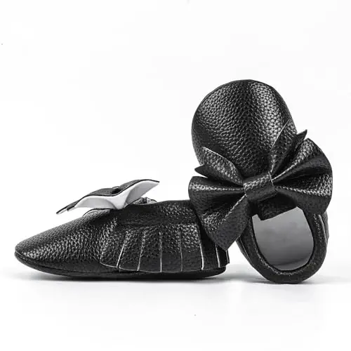 Bebila Double Bow Fringe Baby Moccasins - Soft Sole Baby Shoes Girls Toddler Crib Flats - 3