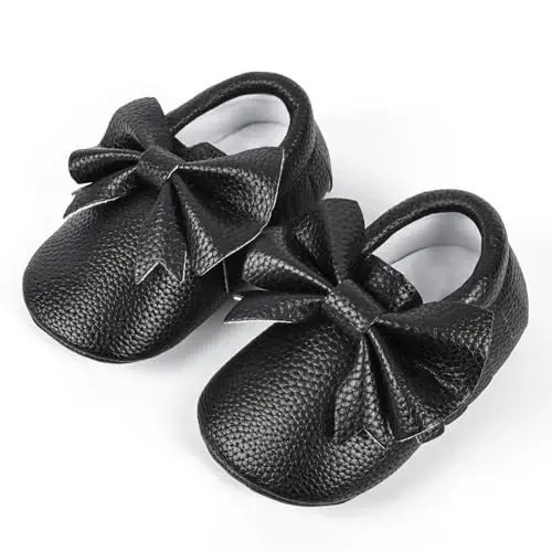 Bebila Double Bow Fringe Baby Moccasins - Soft Sole Baby Shoes Girls Toddler Crib Flats - 4