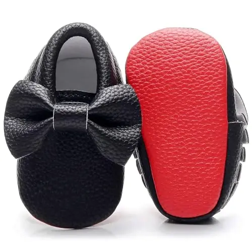 Bebila Double Bow Fringe Baby Moccasins - Soft Sole Baby Shoes Girls Toddler Crib Flats - 1