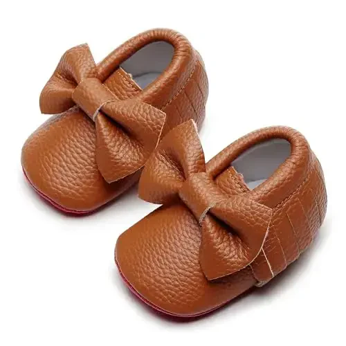 Bebila Double Bow Fringe Baby Moccasins - Soft Sole Baby Shoes Girls Toddler Crib Flats - 4