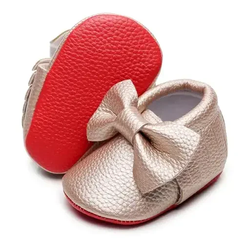 Bebila Double Bow Fringe Baby Moccasins - Soft Sole Baby Shoes Girls Toddler Crib Flats - 2