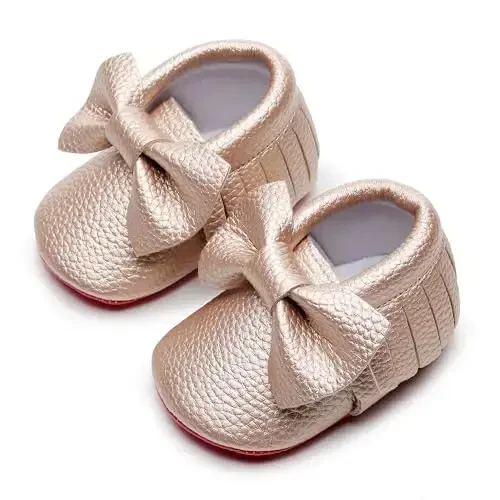 Bebila Double Bow Fringe Baby Moccasins - Soft Sole Baby Shoes Girls Toddler Crib Flats - 4