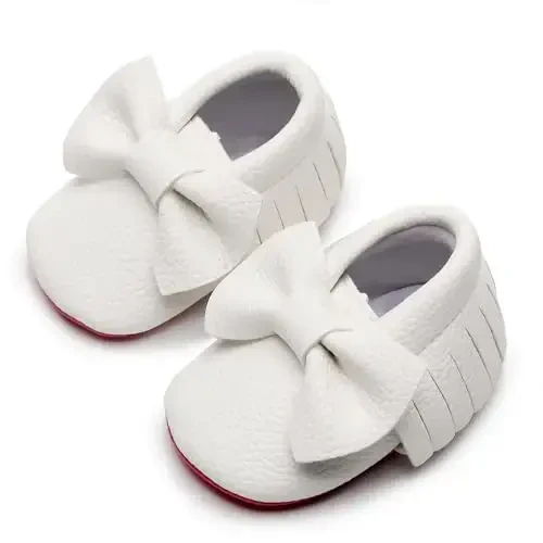 Bebila Double Bow Fringe Baby Moccasins - Soft Sole Baby Shoes Girls Toddler Crib Flats - 4