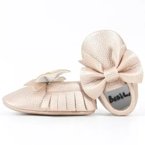 Bebila Double Bow Fringe Baby Moccasins - Soft Sole Baby Shoes Girls Toddler Crib Flats - 5