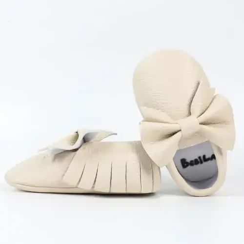 Bebila Double Bow Fringe Baby Moccasins - Soft Sole Baby Shoes Girls Toddler Crib Flats - 3