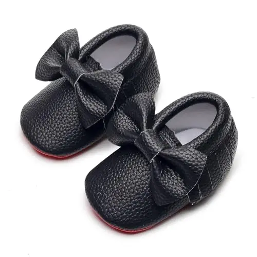 Bebila Double Bow Fringe Baby Moccasins - Soft Sole Baby Shoes Girls Toddler Crib Flats - 4