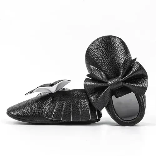 Bebila Double Bow Fringe Baby Moccasins - Soft Sole Baby Shoes Girls Toddler Crib Flats - 3